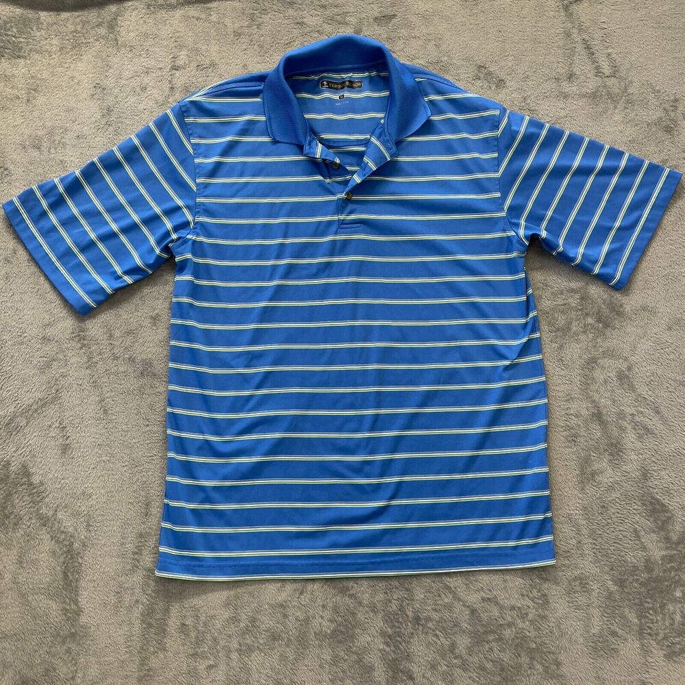 Pebble Beach Golf Polo Shirt Performance Mens Medium Blue Green White Striped